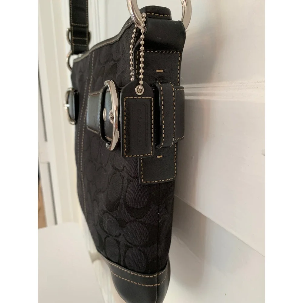 Vintage Coach Black Monogram Canvas Soho Duffle Shoulder Bag Silver Buckles - Picture 7 of 16